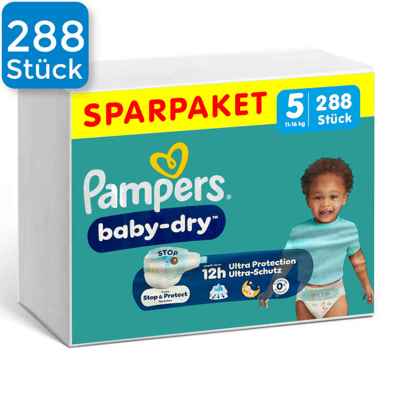 Vorderseite einer Packung Pampers Baby Dry Größe 5. Oben links ist ein blaues Viereck mit der Aufschrift "288 Stück"